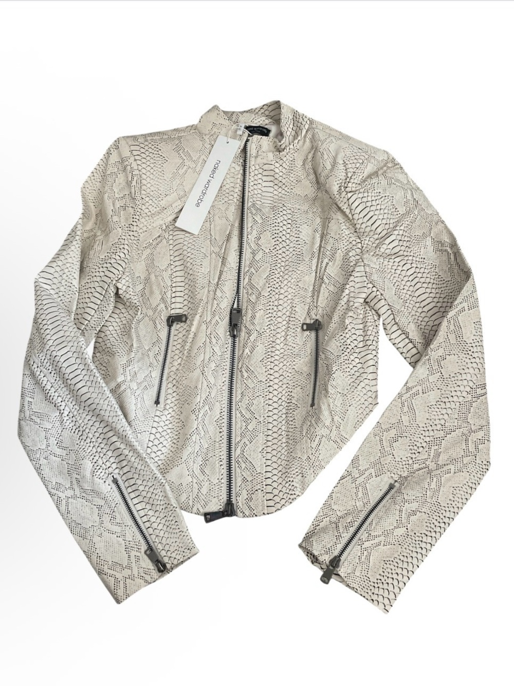 Naked Wardrobe  snakeskin-print cropped moto jacket with an asymmetrical hem